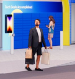 Bearded shopper at Best buy store wearing suit jacket and shorts.